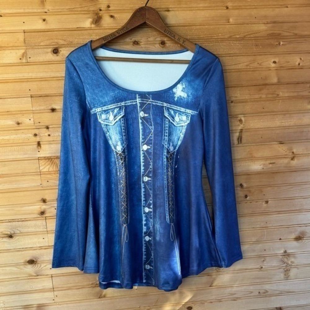 Western Shirt Graphic Tunic Faux Denim Halloween Cowgirl Humor Flared Sleeves